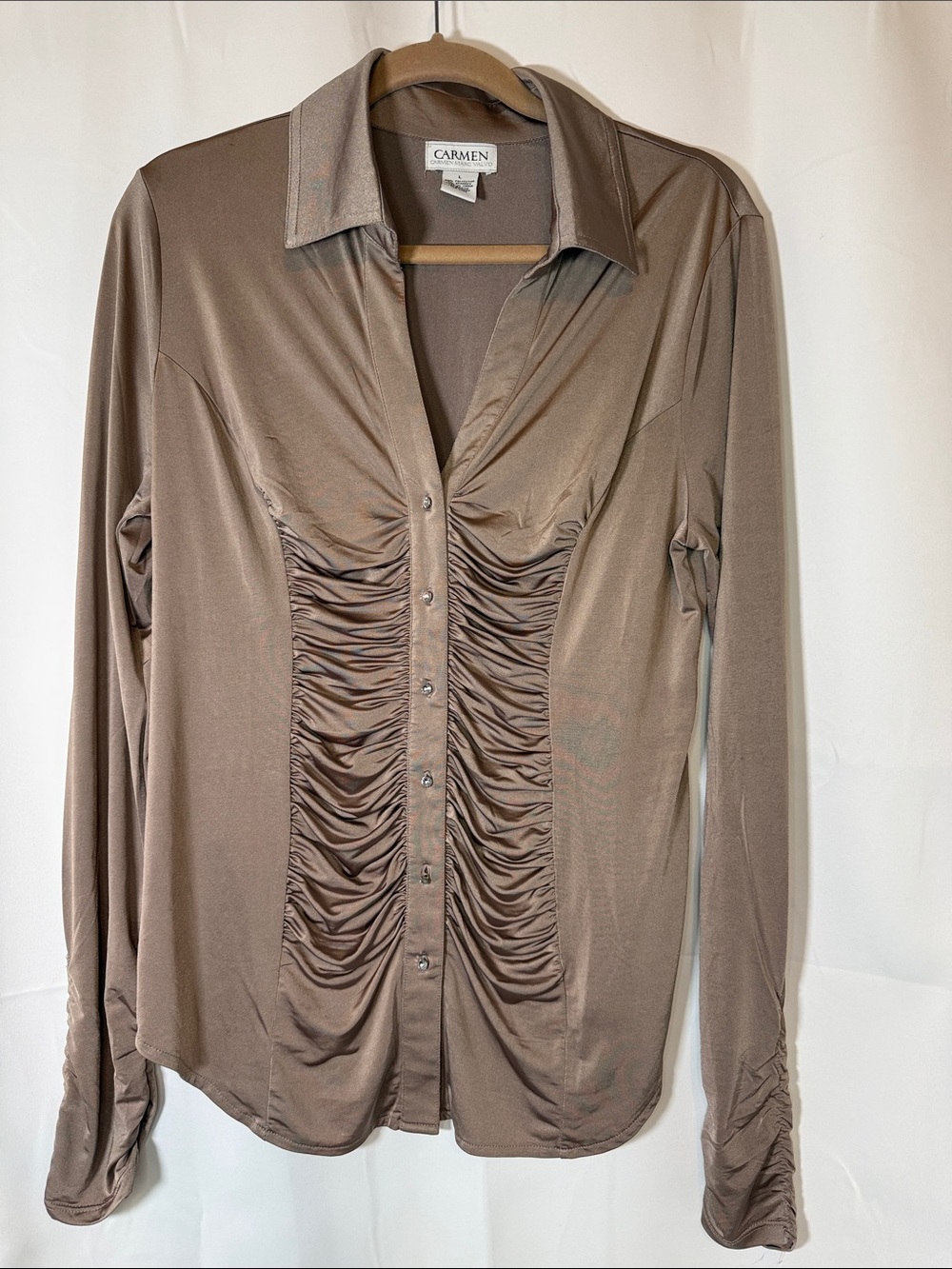 Carmen Marc Valvo Shiny Taupe Ruched Button-Front Top